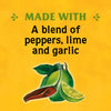 An illustration of a lime a chili pepper and a leaf with the text Made with a blend of peppers lime and garlic.