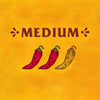 An illustration of three chili peppers two red and one yellow with the word medium in red above them.