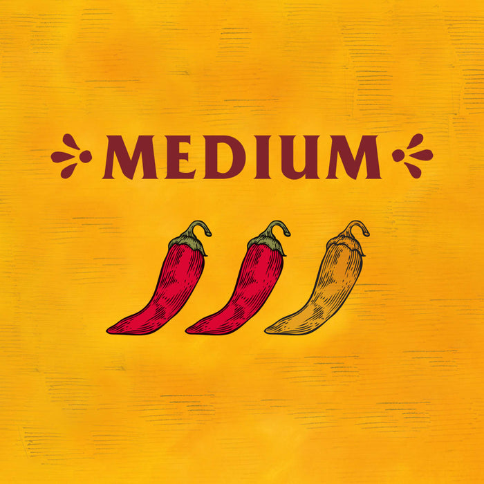 An illustration of three chili peppers two red and one yellow with the word medium in red above them.