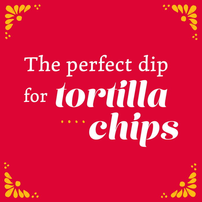 White text on a red background with yellow floral designs in the corners reads The perfect dip for tortilla chips.