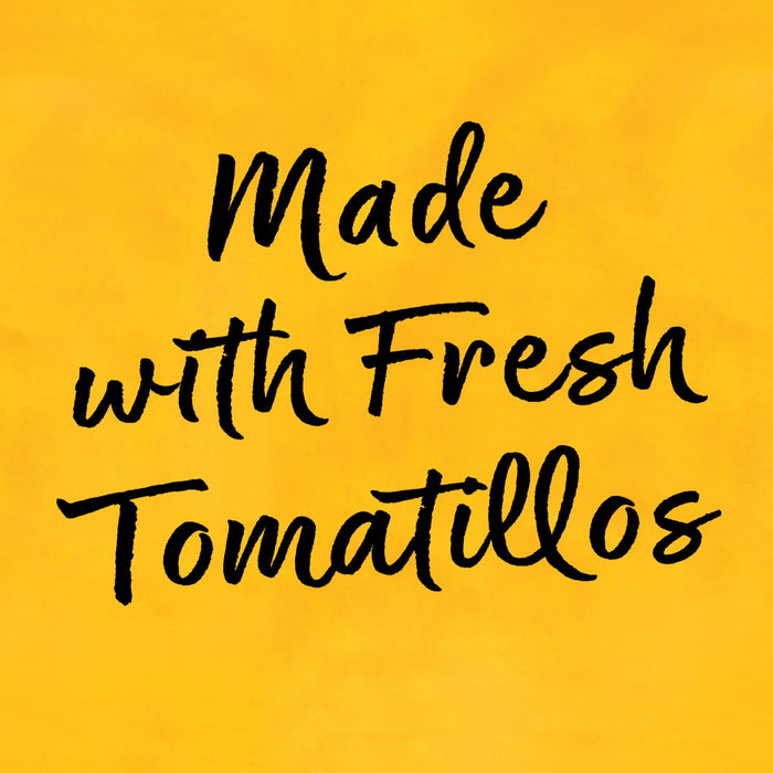 The text Made with Fresh Tomatillos is written in black on a yellow background.