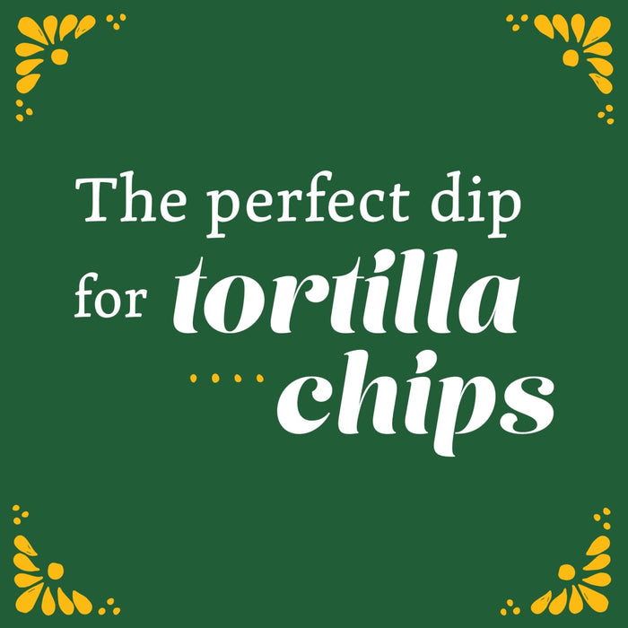 A green background with white text that reads The perfect dip for tortilla chips and yellow floral designs in the corners.