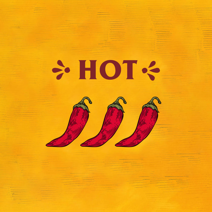 An illustration of three red chili peppers with the word HOT in red letters above them.