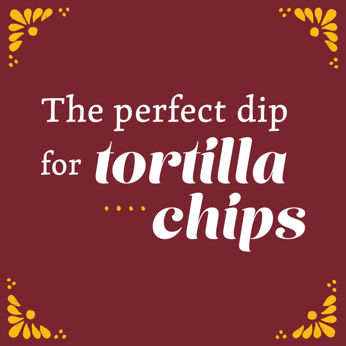 A graphic with a burgundy background and white text that reads The perfect dip for tortilla chips.