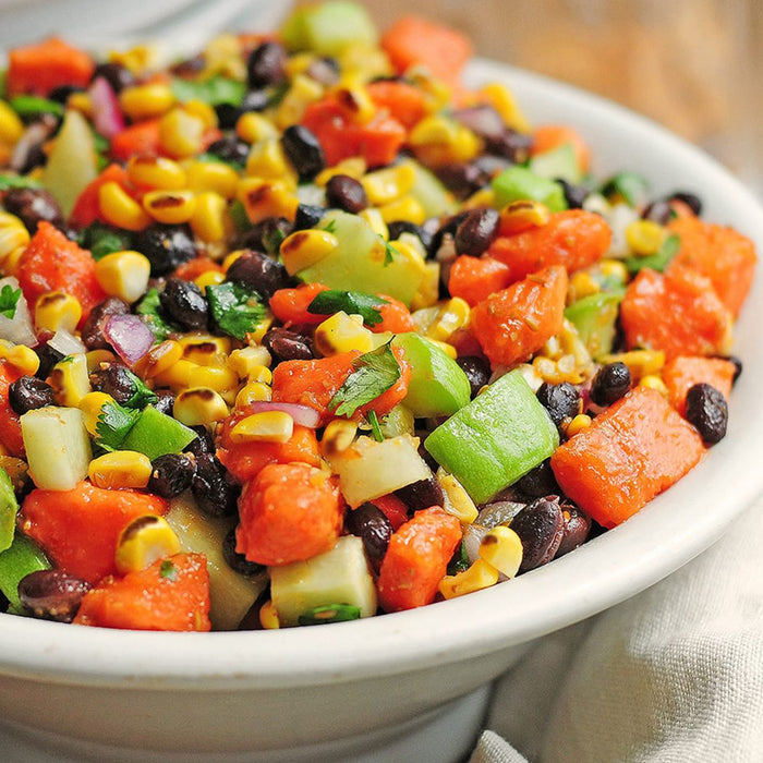 A bowl of black bean and corn salad.