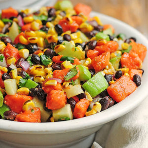 A bowl of black bean and corn salad.
