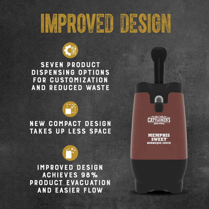 This image showcases the improved design of a product, highlighting its seven dispensing options for customization, compact size, and efficient product evacuation.