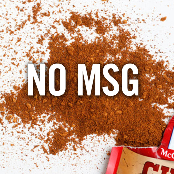 A close-up of McCormick brand seasoning with the words NO MSG printed in white on top of the seasoning.