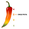 A cartoon illustration of a chile puya pepper with a scale of heat levels from 1 to 4.