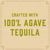 A wood-grain background with the text Crafted with 100% Agave Tequila in green.