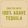A wood-grain background with the text Crafted with 100% Agave Tequila in green.