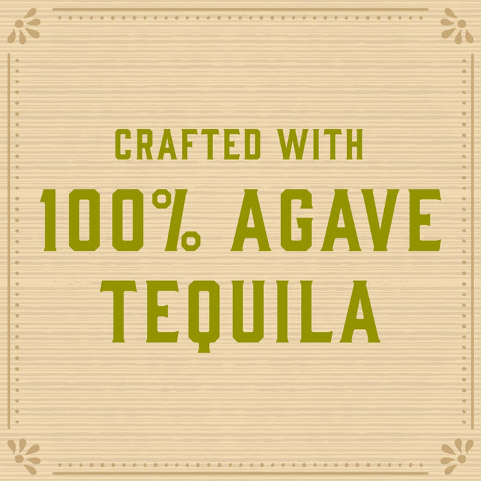 A wood-grain background with the text Crafted with 100% Agave Tequila in green.