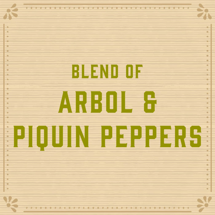 A woodgrain background with the text BLEND OF ARBOL &amp; PIQUIN PEPPERS in green.