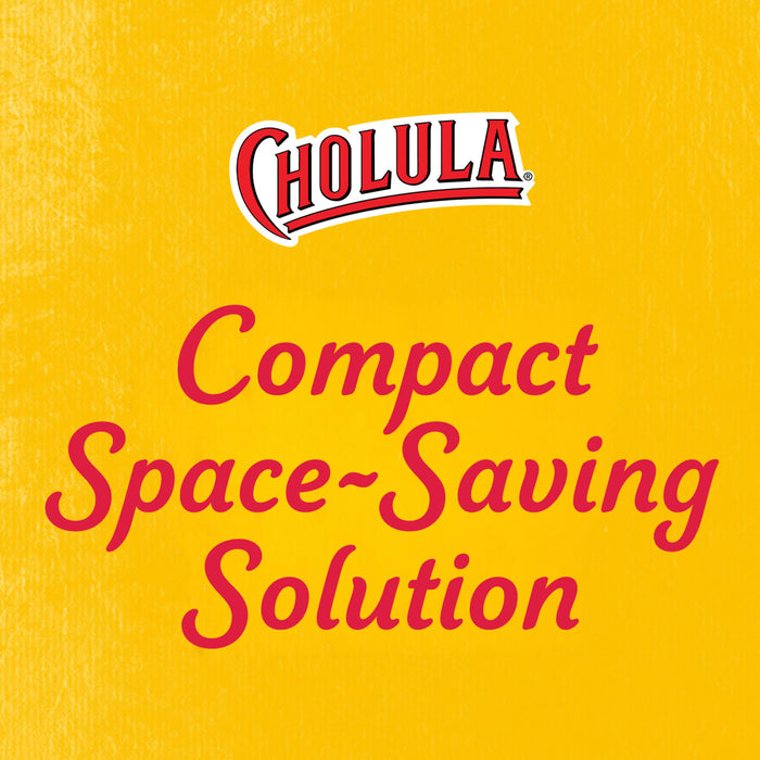 A graphic illustration featuring the Cholula logo above the text Compact Space-Saving Solution set against a textured yellow background.