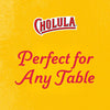 A graphic illustration featuring the Cholula logo above the phrase Perfect for Any Table set against a textured yellow background.