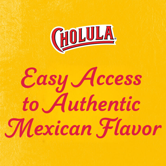 A graphic illustration featuring the Cholula logo above the phrase Easy Access to Authentic Mexican Flavor on a textured yellow background.