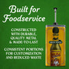 An infographic highlighting the foodservice benefits of a durable metal dispenser for Cholula Green Pepper Hot Sauce which provides consistent portions and reduced waste.