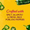 A vibrant yellow graphic featuring whole and sliced green peppers highlights that the product is crafted with spicy jalapeño and fresh mild poblano peppers.