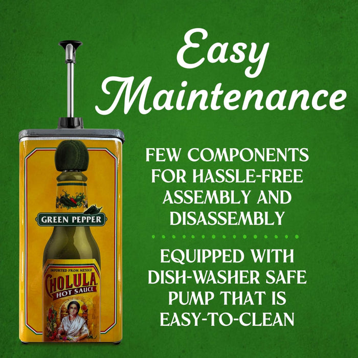 This infographic highlights the easy maintenance of a Cholula Green Pepper Hot Sauce pump dispenser featuring a dishwasher safe pump and few components for hassle-free assembly.