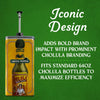 An infographic highlighting the iconic design of a pump dispenser that fits standard 64oz Cholula Green Pepper Hot Sauce bottles to maximize efficiency and brand impact.