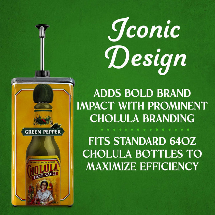 An infographic highlighting the iconic design of a pump dispenser that fits standard 64oz Cholula Green Pepper Hot Sauce bottles to maximize efficiency and brand impact.