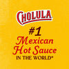 A promotional graphic featuring the Cholula logo and text identifying it as the number one Mexican Hot Sauce in the world against a textured yellow background.