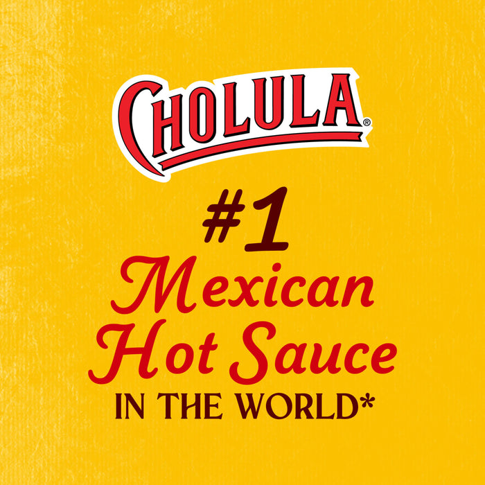 A promotional graphic featuring the Cholula logo and text identifying it as the number one Mexican Hot Sauce in the world against a textured yellow background.