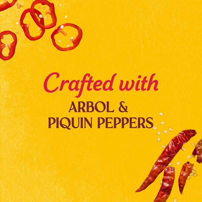A graphic illustration for Cholula Hot Sauce featuring sliced and dried peppers on a yellow background with text stating it is crafted with arbol and piquin peppers.
