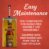 An infographic highlighting the easy maintenance of a Cholula Original Hot Sauce pump dispenser featuring a dishwasher safe pump and simple assembly.
