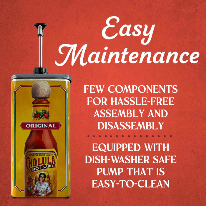 An infographic highlighting the easy maintenance of a Cholula Original Hot Sauce pump dispenser featuring a dishwasher safe pump and simple assembly.