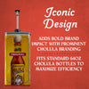 An infographic featuring a Cholula Hot Sauce branded pump dispenser designed to fit standard 64oz bottles for bold brand impact and maximum efficiency.