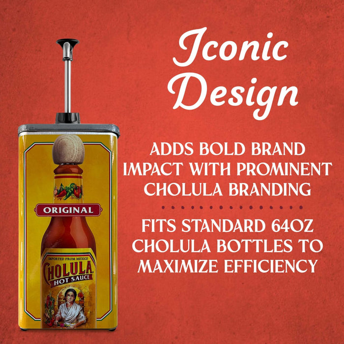 An infographic featuring a Cholula Hot Sauce branded pump dispenser designed to fit standard 64oz bottles for bold brand impact and maximum efficiency.