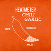 A white chili pepper illustration with the words Heatmeter Chili Garlic and Hot, Medium, Mild on an orange background.