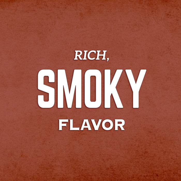 White text on a brown background that reads Rich, Smoky Flavor.