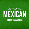 A green background with white text that reads Authentic Mexican Hot Sauce.