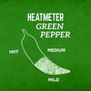 A white outline of a green pepper with the words Heatmeter Green Pepper and a scale from mild to hot.