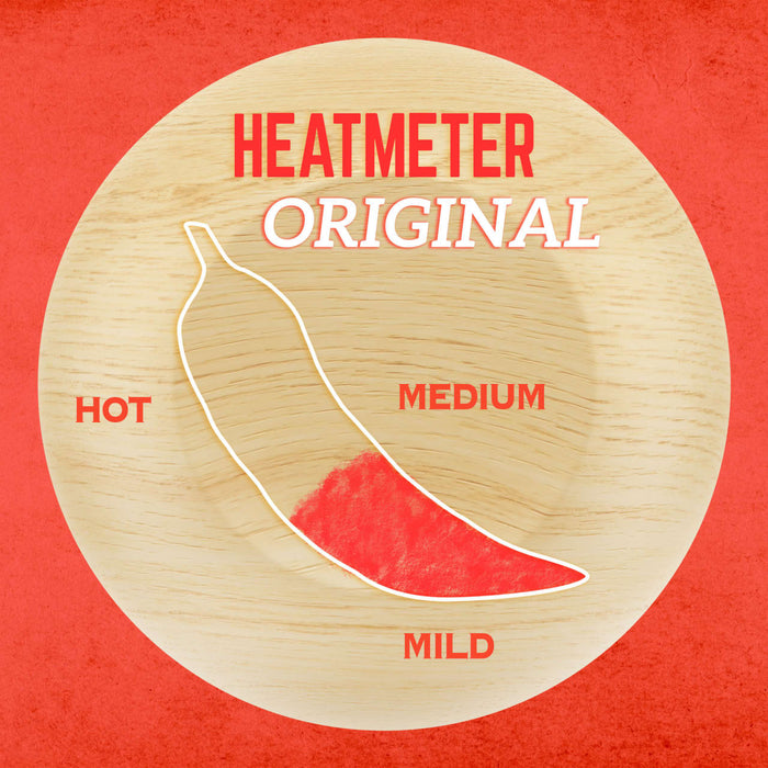 A wooden circle with a red chili pepper graphic and the words Heatmeter Original on it.