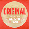 A wooden circle with the words Original Recipe with Signature Flavor in red and white.