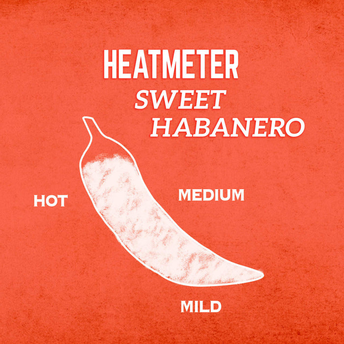 A white illustration of a habanero pepper on a red background with the words Heatmeter Sweet Habanero and a scale of hot to mild.