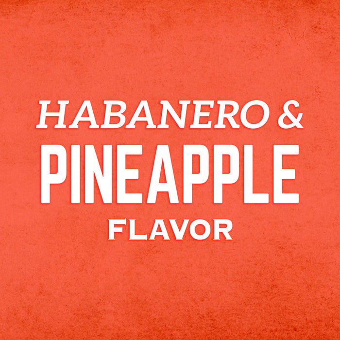 White text on a red background reads HABANERO &amp; PINEAPPLE FLAVOR