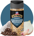 McCormick Grill Mates seasoning container with cracked peppercorns, onion, and garlic on a blue circle background