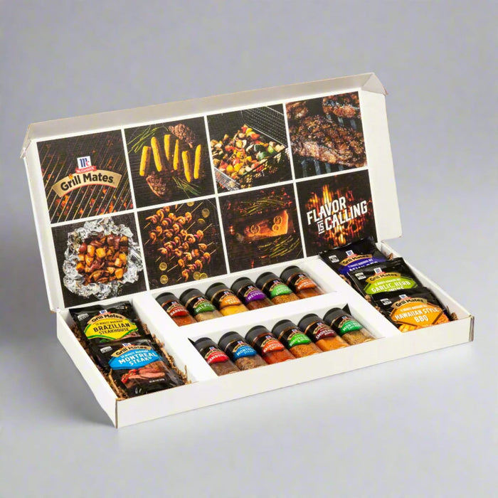 A Grill Mates gift box containing a variety of spice blends and seasonings for grilling.