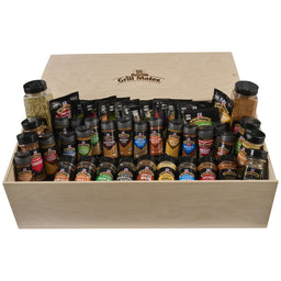 A large wooden crate filled with a comprehensive assortment of McCormick seasonings and marinades belonging to the Dtc Grill Mates Dtcmccgmvp Bundle including varieties like Montreal Steak and Applewood Smoke.