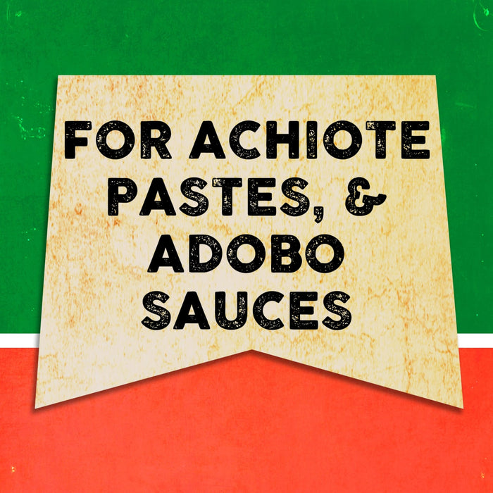 A vintage-style sign with the text FOR ACHIOTE PASTES, &amp; ADOBO SAUCES on a yellow background.