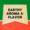 A vintage-style banner with the text Earthy Aroma &amp; Flavor on a yellow background.