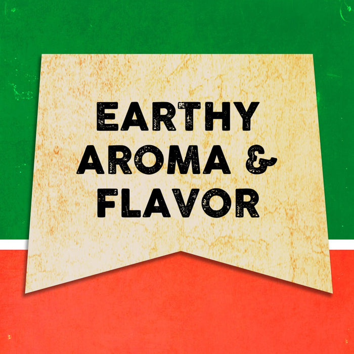 A vintage-style banner with the text Earthy Aroma &amp; Flavor on a yellow background.