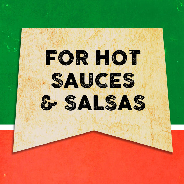 A vintage-style sign with the text For Hot Sauces &amp; Salsas on a yellow background.