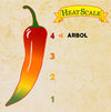 An illustration of a chili pepper with a heat scale and the word Arbol.