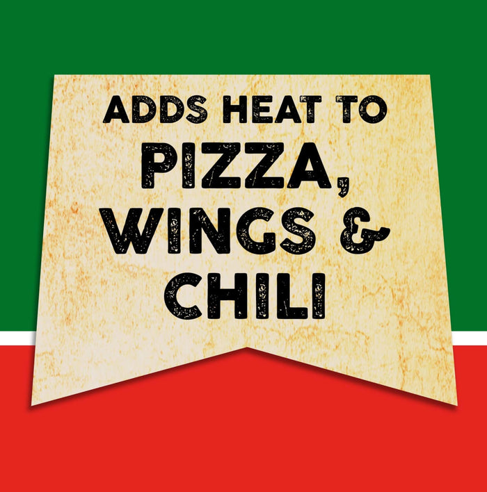 A vintage-style sign with the text Adds Heat to Pizza, Wings &amp; Chili on a yellow background.