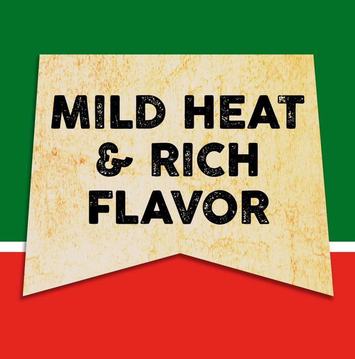 A vintage-style banner with the text Mild Heat &amp; Rich Flavor on a yellow background.